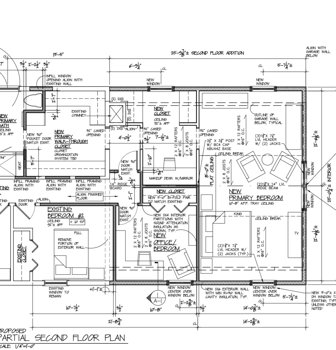 blue print for a renovation in East Windsor connecticut Architectural blueprint labeled "Proposed Partial Second Floor Plan" for a renovation project in East Windsor, Connecticut. The layout includes a new primary bedroom with tray ceiling, a walk-through closet, new office/bedroom, multiple new closets, and updates to an existing bedroom and bath. Detailed dimensions, framing notes, and window placements are annotated throughout.